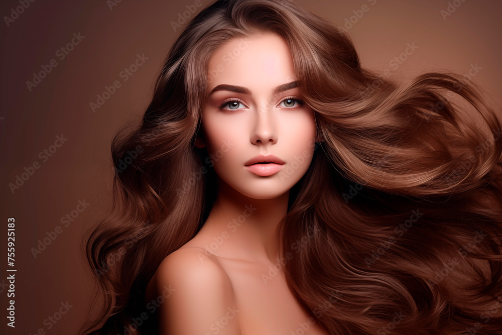 Fototapeta premium A glamorous portrait of a woman with voluminous wavy hair and a soft expression against a neutral backdrop.