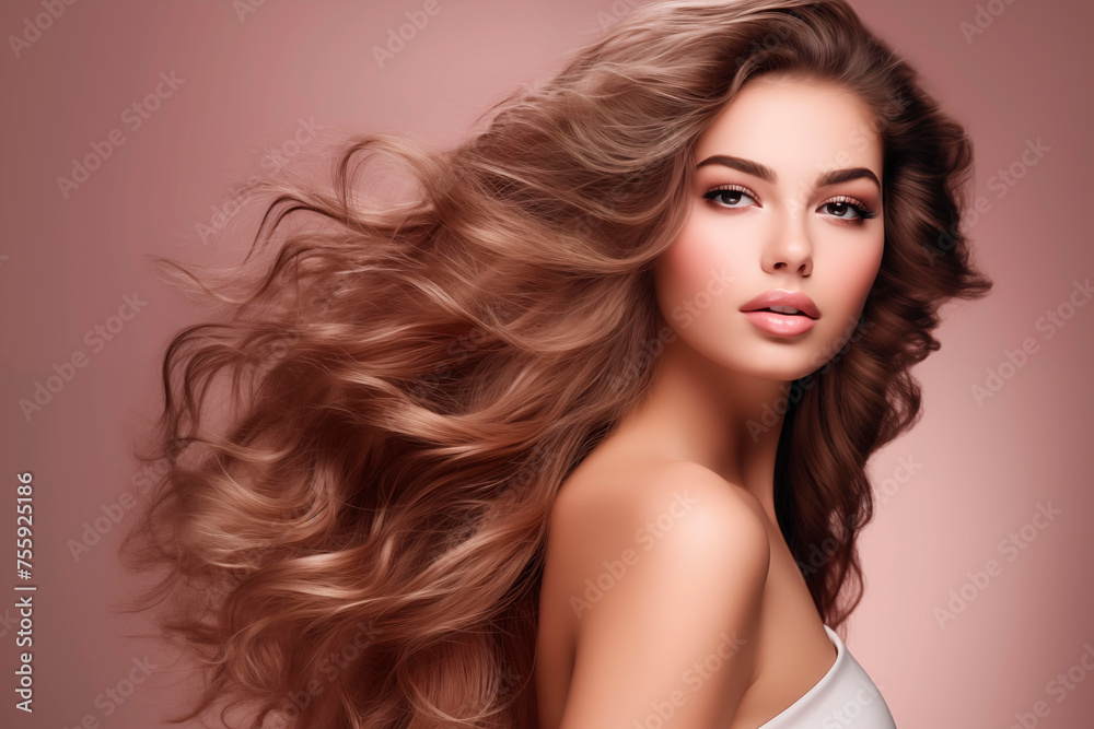 Obraz premium A glamorous portrait of a woman with voluminous wavy hair and a soft expression against a neutral backdrop.