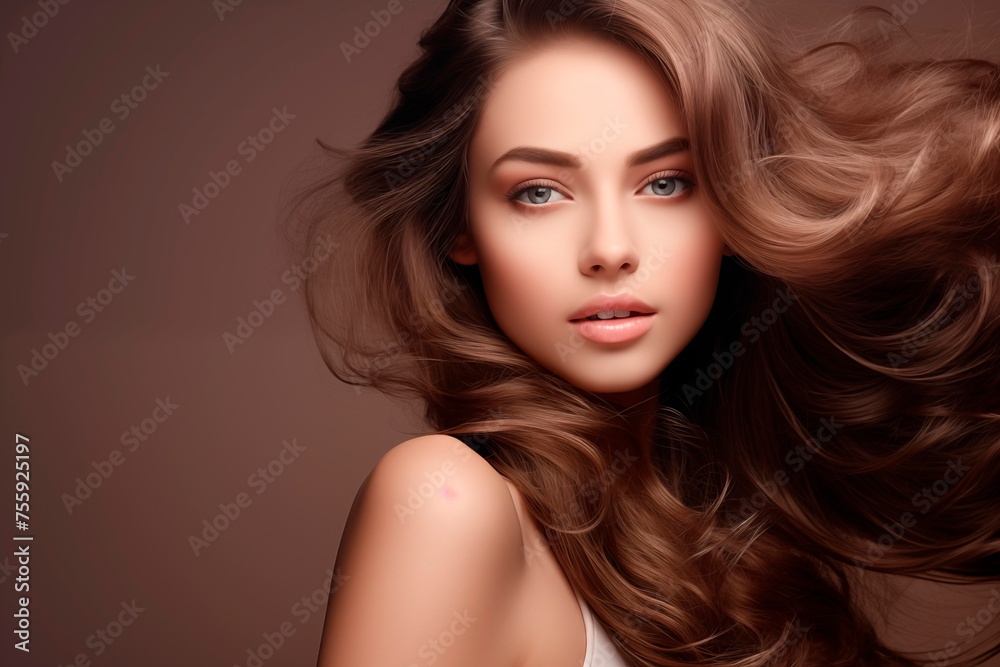 A glamorous portrait of a woman with voluminous wavy hair and a soft expression against a neutral backdrop. A glamorous portrait of a woman with voluminous wavy hair and a soft expression against a neutral backdrop.