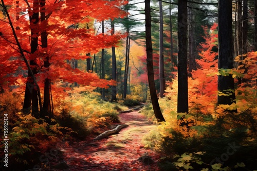 Vibrant autumn foliage within evergreen woods © KerXing