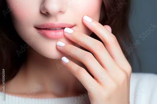Close-up of a woman's face highlighting her polished white manicure, soft lips, and smooth complexion.