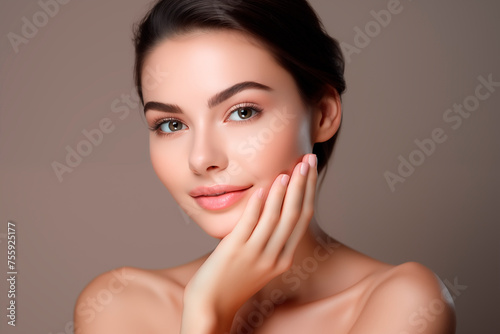An elegant beauty portrait of a young woman with a perfect complexion, hands softly touching her face.