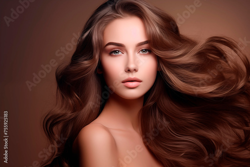 A glamorous portrait of a woman with voluminous wavy hair and a soft expression against a neutral backdrop.