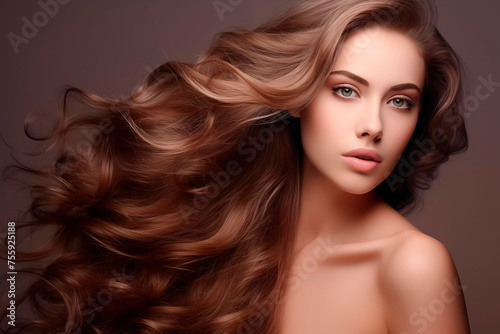 A glamorous portrait of a woman with voluminous wavy hair and a soft expression against a neutral backdrop.