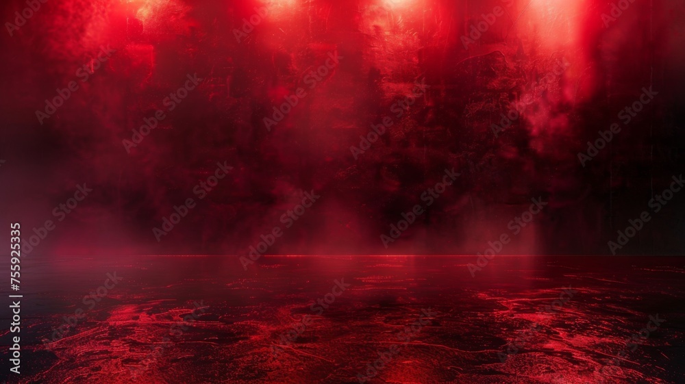 Abstract red fog enveloping a reflective floor - An abstract composition featuring red fog rolling over a reflective dark surface, creating a surreal scene - obrazy, fototapety, plakaty 