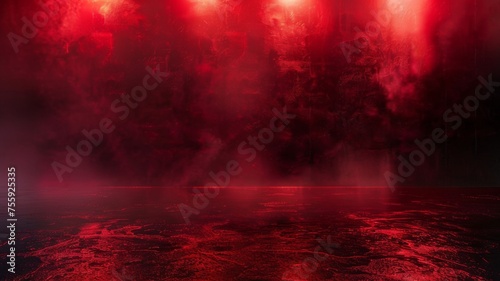 Abstract red fog enveloping a reflective floor - An abstract composition featuring red fog rolling over a reflective dark surface, creating a surreal scene photo