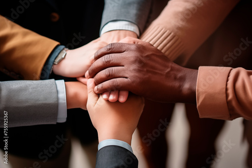 Diverse hands coming together in a sign of unity and teamwork.