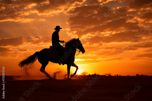Silhouette of a cowboy riding a horse at sunset, with a dramatic orange sky and dust trailing behind, embodying the spirit of the wild west.