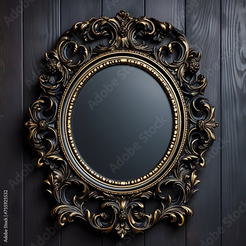 a gold and black frame on a wood wall