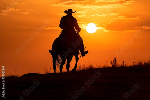 Silhouette of a cowboy riding a horse at sunset, with a dramatic orange sky and dust trailing behind, embodying the spirit of the wild west. © EricMiguel