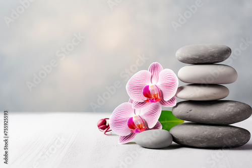 Balanced spa stones with a pink orchid, embodying tranquility and harmony for wellness and meditation.