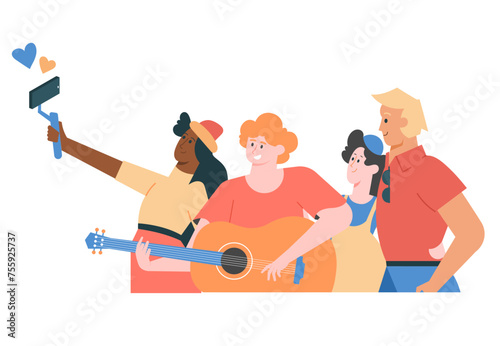 Group of friends takes a selfie. Guys and girls with a smartphone live online. Bloggers influencers. A guy with a guitar, a cute couple and a cheerful girl in a hat. Vector illustration