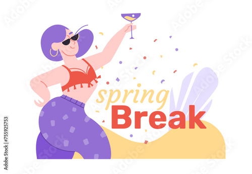 Cute girl dancing with a cocktail. Happy active woman in sunglasses. Spring break party. Vector illustration.