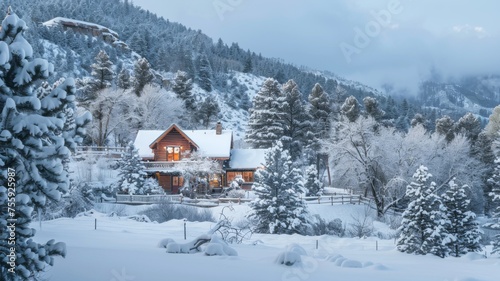 Cozy wooden cabin in winter wonderland - A charming wooden cabin warmly lit, nestled in a serene snow-covered landscape during twilight in the forest