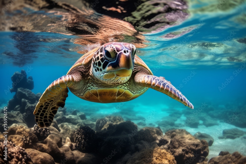 Obraz premium A close-up of a majestic sea turtle swimming gracefully