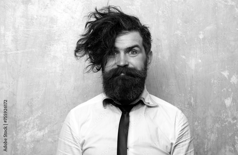 Obraz premium Funny haircut. Human facial expressions and emotions. Hipster man with funny hairstyle, modern haircut. Excited bearded man with beard, bearded gay.