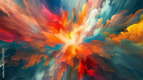 Dramatic and colorful abstract representation of a cloudscape with a fiery explosion of orange, red, and blue hues