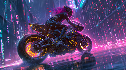 Rider on a black motorcycle, surrounded by vibrant purple lights and rain. photo
