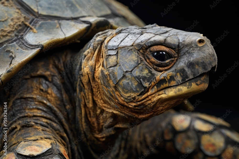 A close-up of a turtle's weathered shell