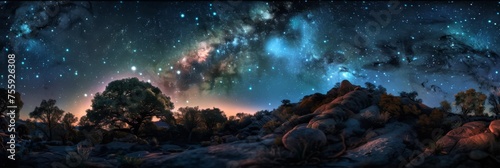 Milky Way over natural rock formations - Captivating night sky panorama featuring the Milky Way with a backdrop of unique rock formations and trees