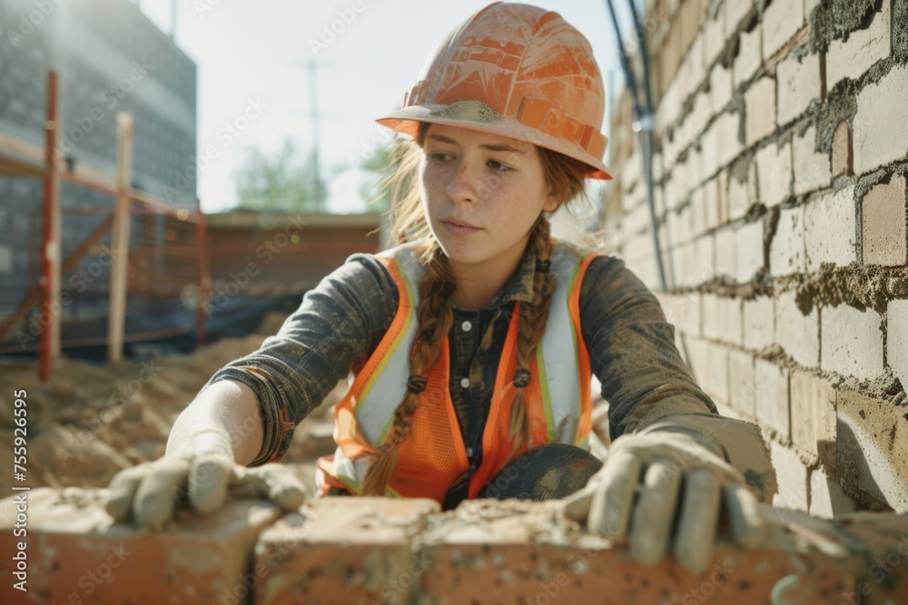 Worker building a brick wall on a residential construction site. International Labor Day, Workers Day, May Day. Design for banner, poster Worker building a brick wall on a residential construction site. International Labor Day, Workers Day, May Day. Design for banner, poster