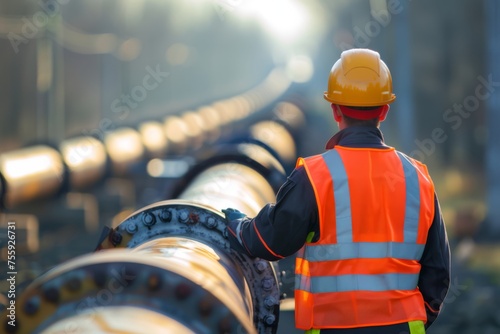 Engineer inspecting pipeline construction.  International Labor Day, Workers Day, May Day. Design for banner, poster. Industrial infrastructure concept