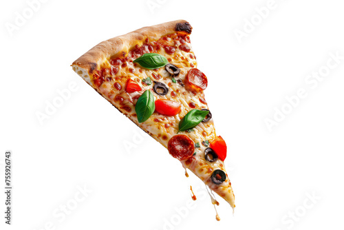 Template with delicious tasty slice of pizza flying on white background
