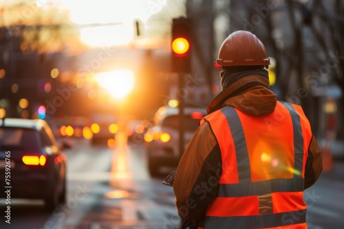 Traffic control worker during city sunset. International Labor Day, Workers Day, May Day. Design for banner, poster. Urban infrastructure concept