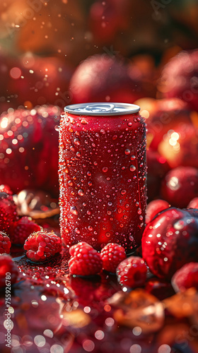A red can amidst splashing water and floating raspberries photo
