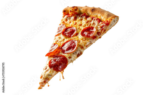 Template with delicious tasty slice of pepperoni pizza flying on white background © uv_group