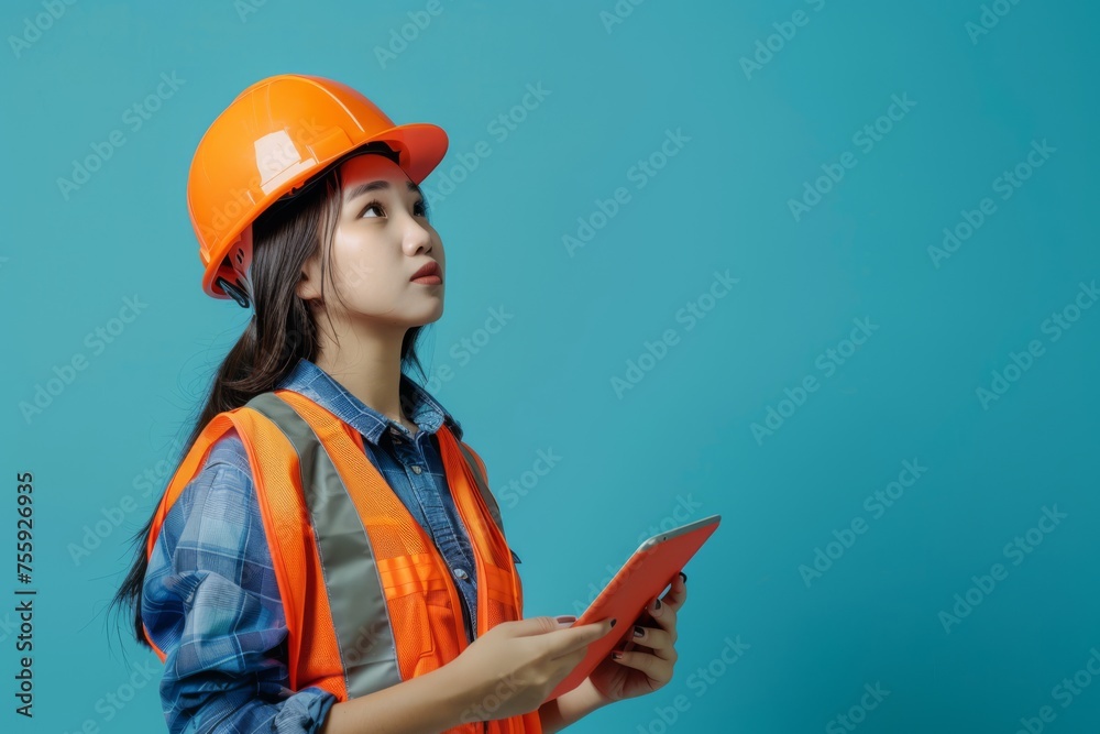 Construction worker with clipboard looking upwards on blue background. International Labor Day, Workers Day, May Day. Design for banner, poster with copy space. Asian woman Construction worker with clipboard looking upwards on blue background. International Labor Day, Workers Day, May Day. Design for banner, poster with copy space. Asian woman