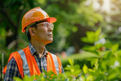 Worker with safety helmet in tge garden. International Labor Day, Workers Day, May Day. Design for banner, poster with copy space. Ecology and eco-friendly lifestyle. Asian man photo