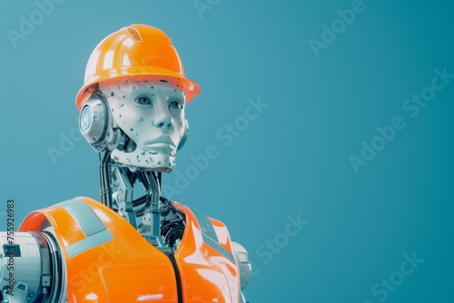 Future robot with orange safety helmet on blue background. International Labor Day, Workers Day, May Day concept. Design for banner, poster with copy space. Futuristic technology and cybernetic