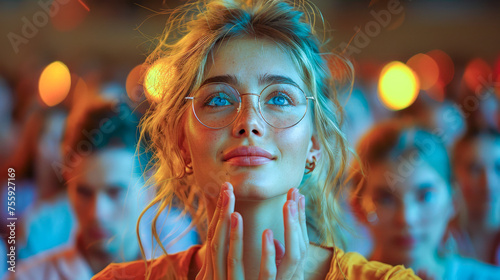 Portrait of a woman looking up hopefully and applauding with a bokeh background, photo