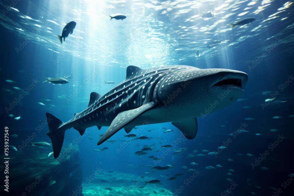 Naklejka premium A magnificent whale shark swimming in a massive tank
