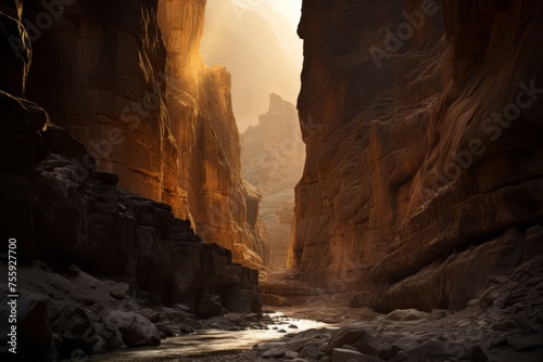 A photograph capturing the dramatic interplay of light and shadow in a canyon