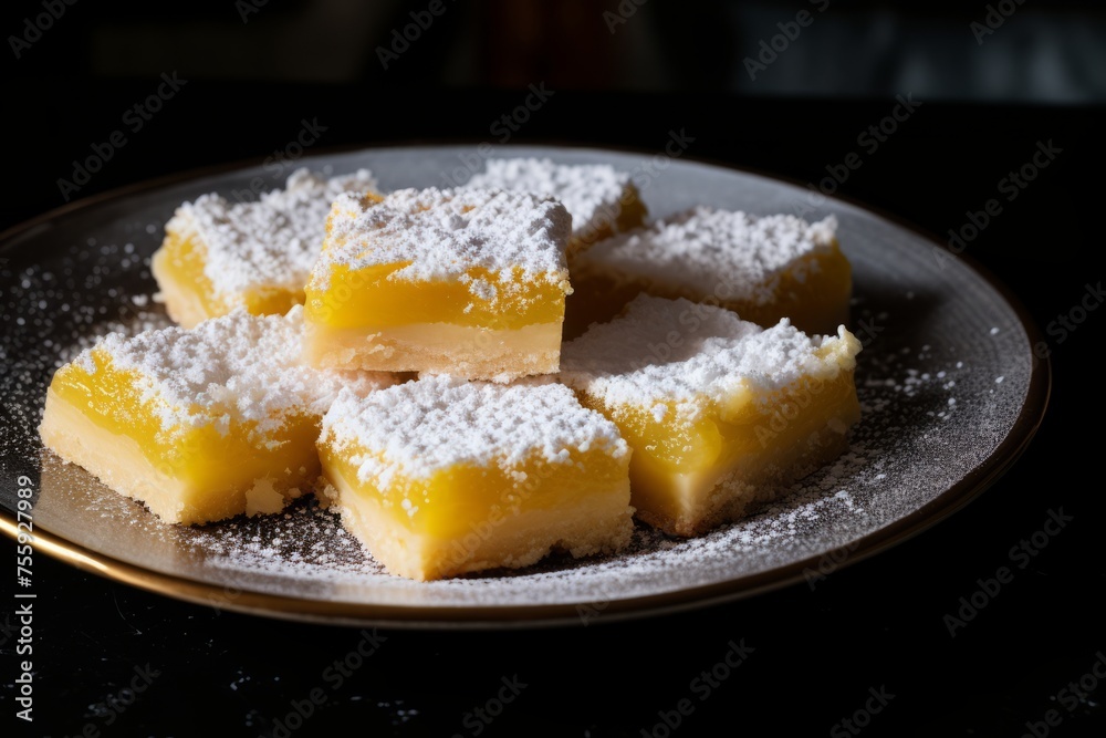 A plate of lemon bars with a powdered sugar topping A plate of lemon bars with a powdered sugar topping