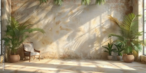 A chair  three potted plants  and a wall with sunlight streaming through windows.