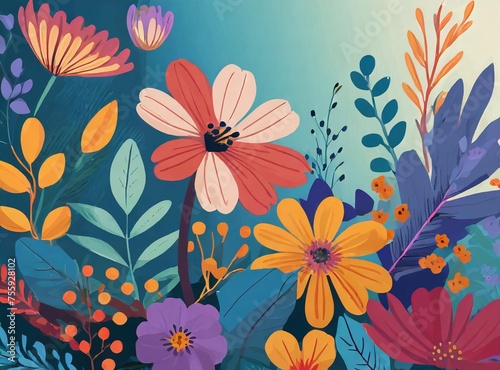Colorful vector illustration spring background with flowers and leaves. Summer background with vegetation, flower, and leaf for poster, banner, and presentation