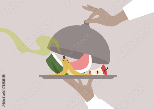 Graceful fingers reveal a platter of leftovers, served on a silver tray under the cloche dome, wafting with a stinky smell