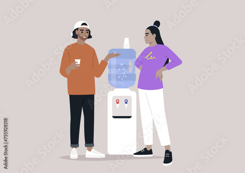 Casual Water Cooler Conversation Between Colleagues, Two professionals engaged in a friendly chat by the office water dispenser