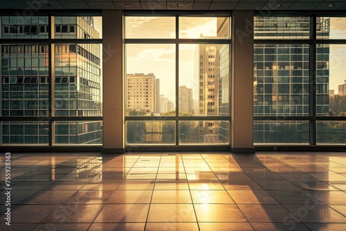 empty office in view of buildings and tall walls