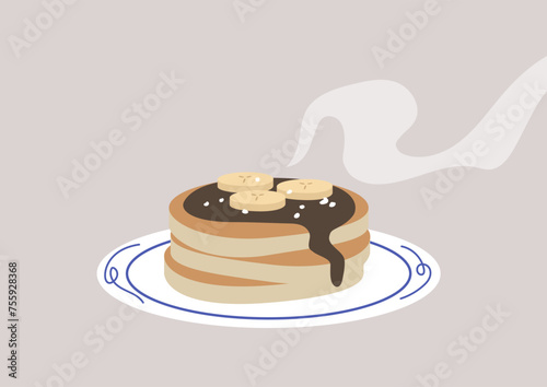 Aromatic Morning Delight, Fresh Pancakes With chocolate sauce on a Plate, A stack of warm, fluffy cakes topped with fresh bananas invokes a cozy breakfast ambiance