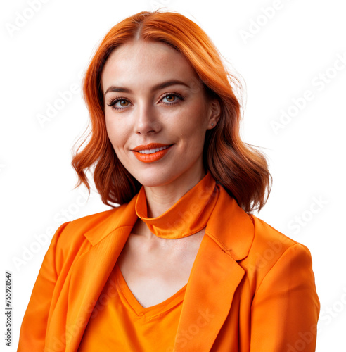 A woman with red hair and an orange jacket