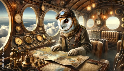 Owl Pilot Navigating Steampunk Airship in Cloudy Sky