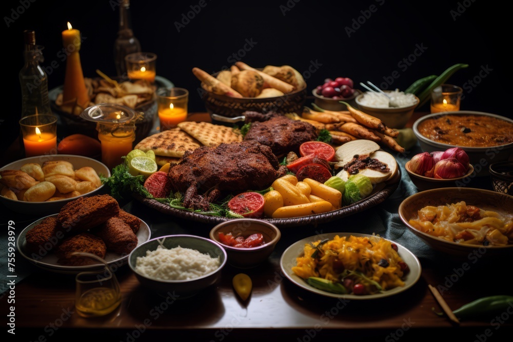 A traditional Eid Al-Fitr feast with various dishes