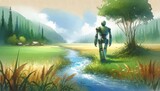 A robot exploring a serene natural landscape