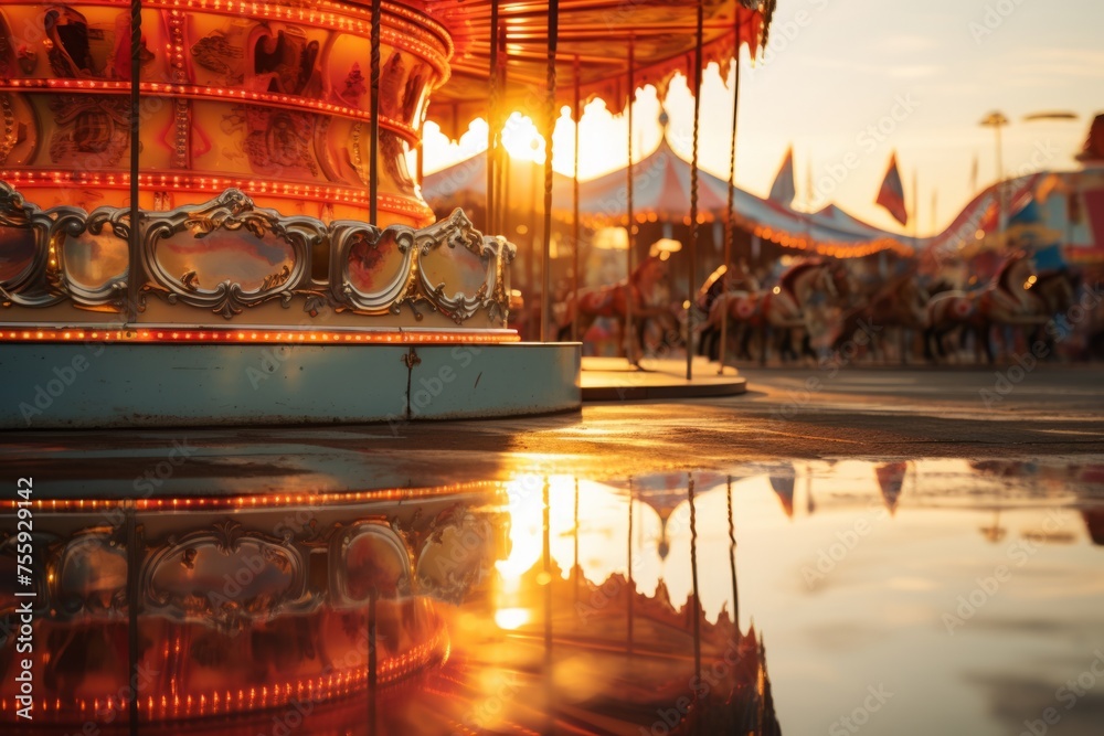 A vibrant reflection of a carnival carousel spinning in the evening light