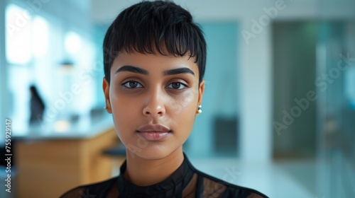Modern Professional: Realistic Portrait of a Millennial Indian Woman in a Clean Office Space generative ai