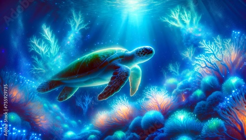 Vibrant Sea Turtle Swimming in Coral Reef